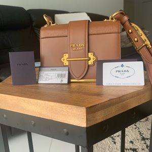 New Prada Cahier Cr Leather Shoulder Bag in Cognac